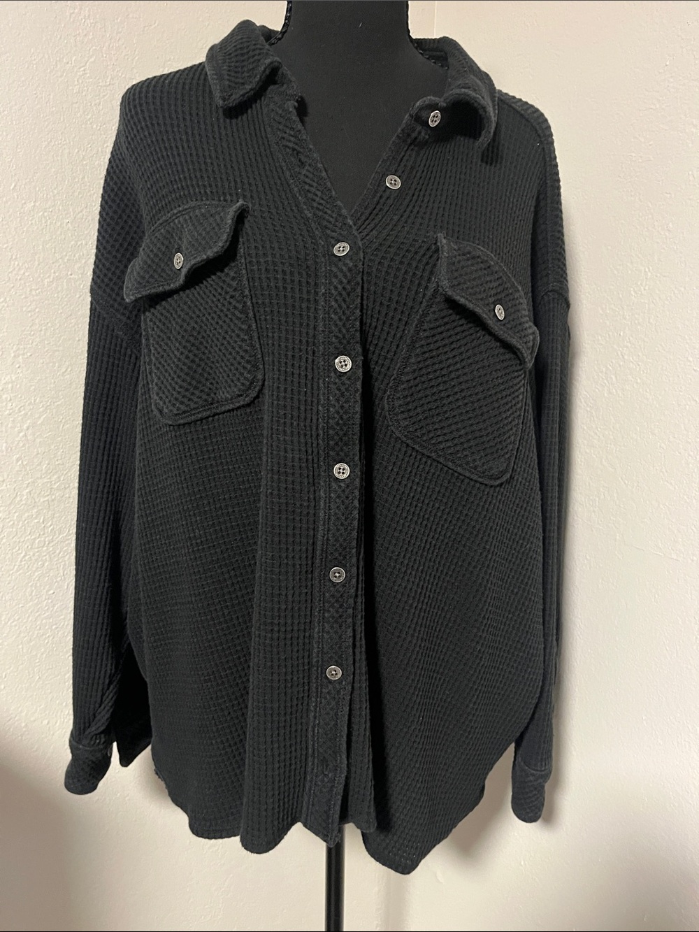 aerie Black Waffle Knit Top-Medium-Black